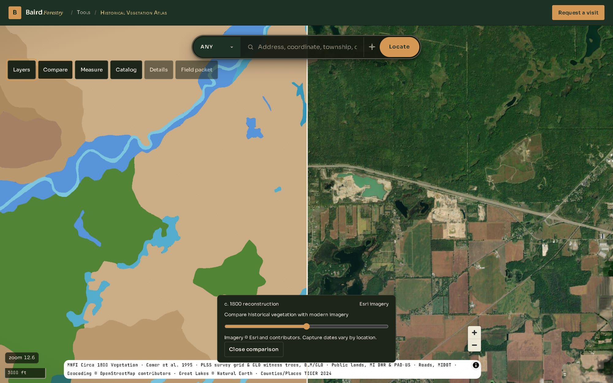 The swipe comparison: on the left, the circa 1800 reconstruction in tan, green and blue; on the right, modern satellite imagery of the same ground showing woods, farm fields, a rail line and a gravel pit