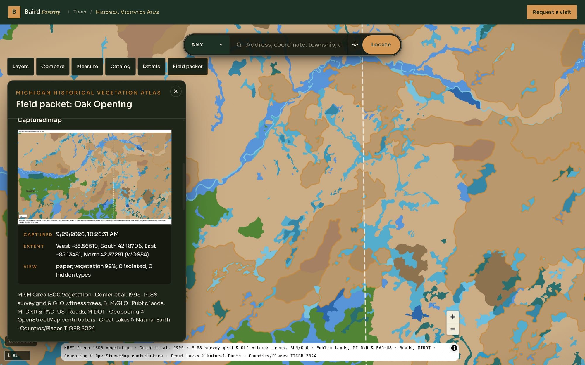 The field packet panel for Oak Opening, showing the captured map, the capture date and time, the map extent and the view settings