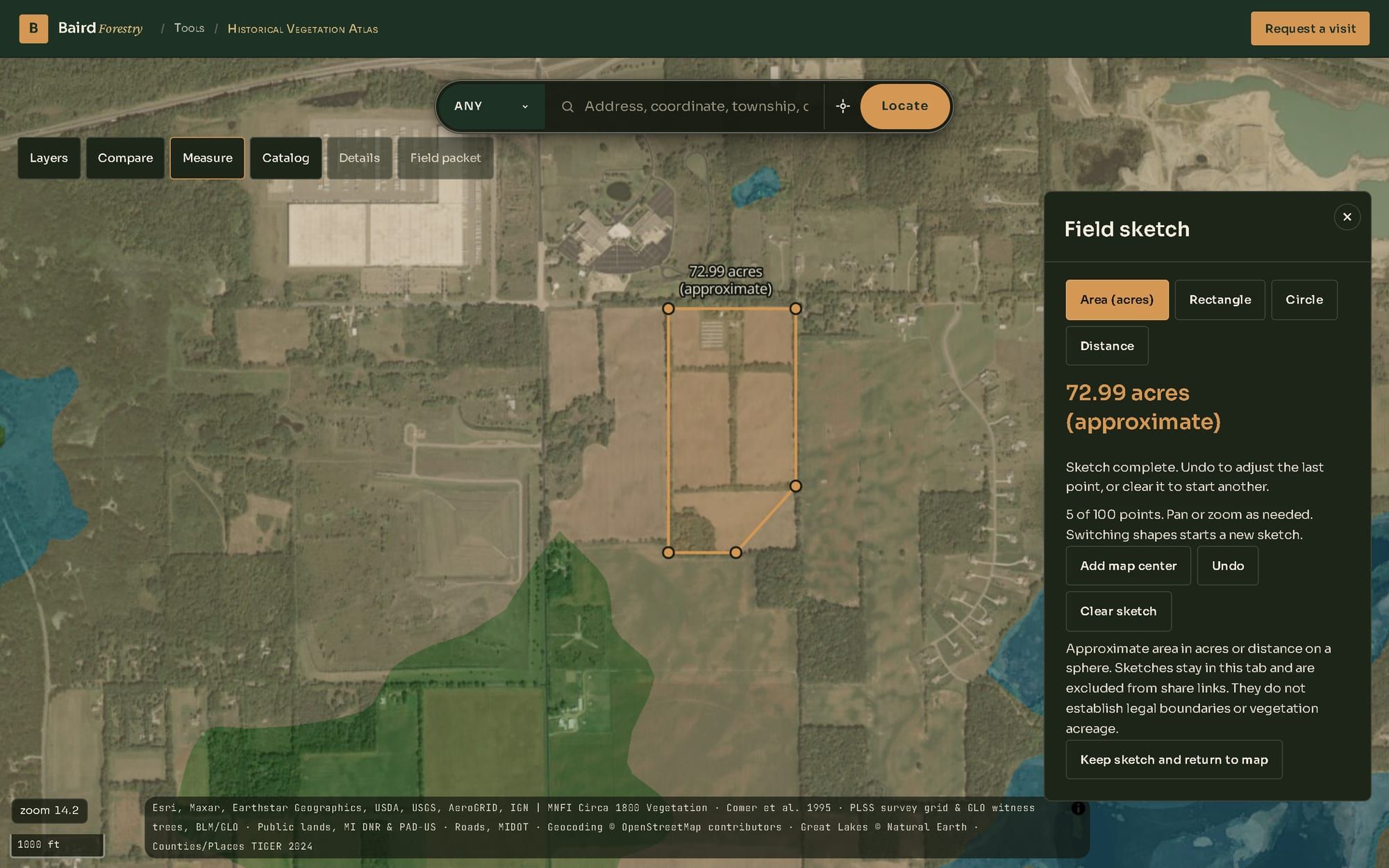 A five-point field sketch drawn over satellite imagery around a block of farm fields, labeled 72.99 acres approximate, with the Field sketch panel open