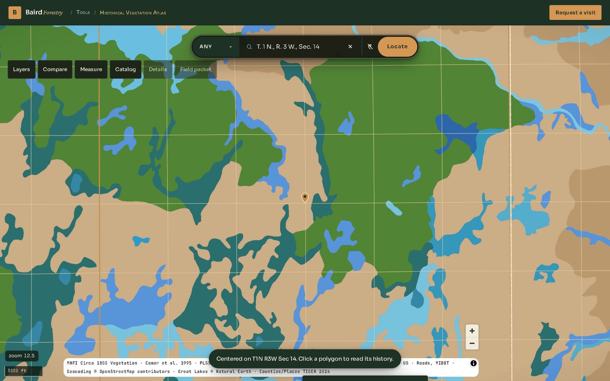The atlas after a search for T. 1 N., R. 3 W., Sec. 14: the map is centered on that section with a pin, the survey grid is switched on, and a message confirms the location
