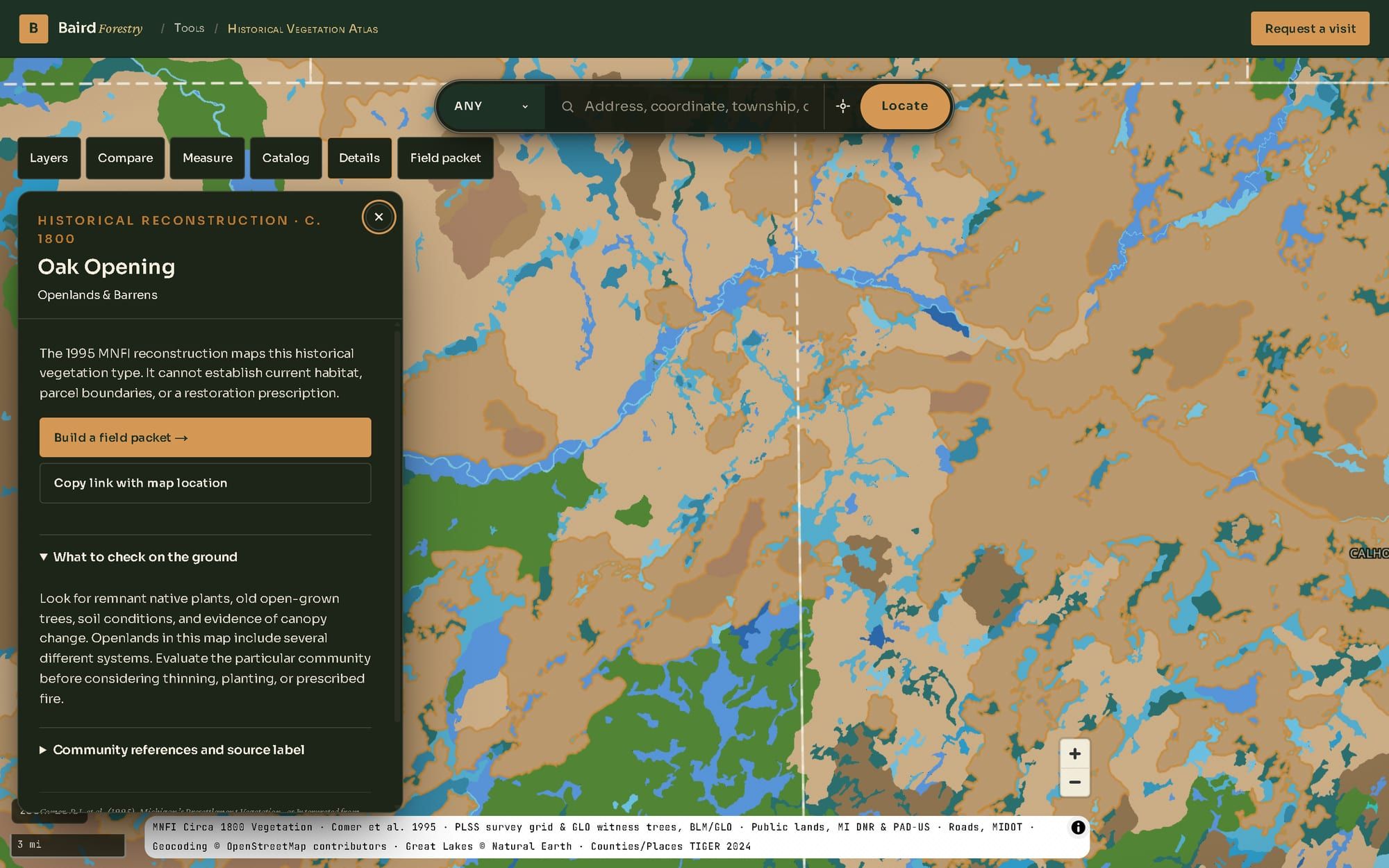 The atlas zoomed to south-central Michigan with the details card open for Oak Opening, in the Openlands and Barrens group, and every oak opening in view outlined in amber