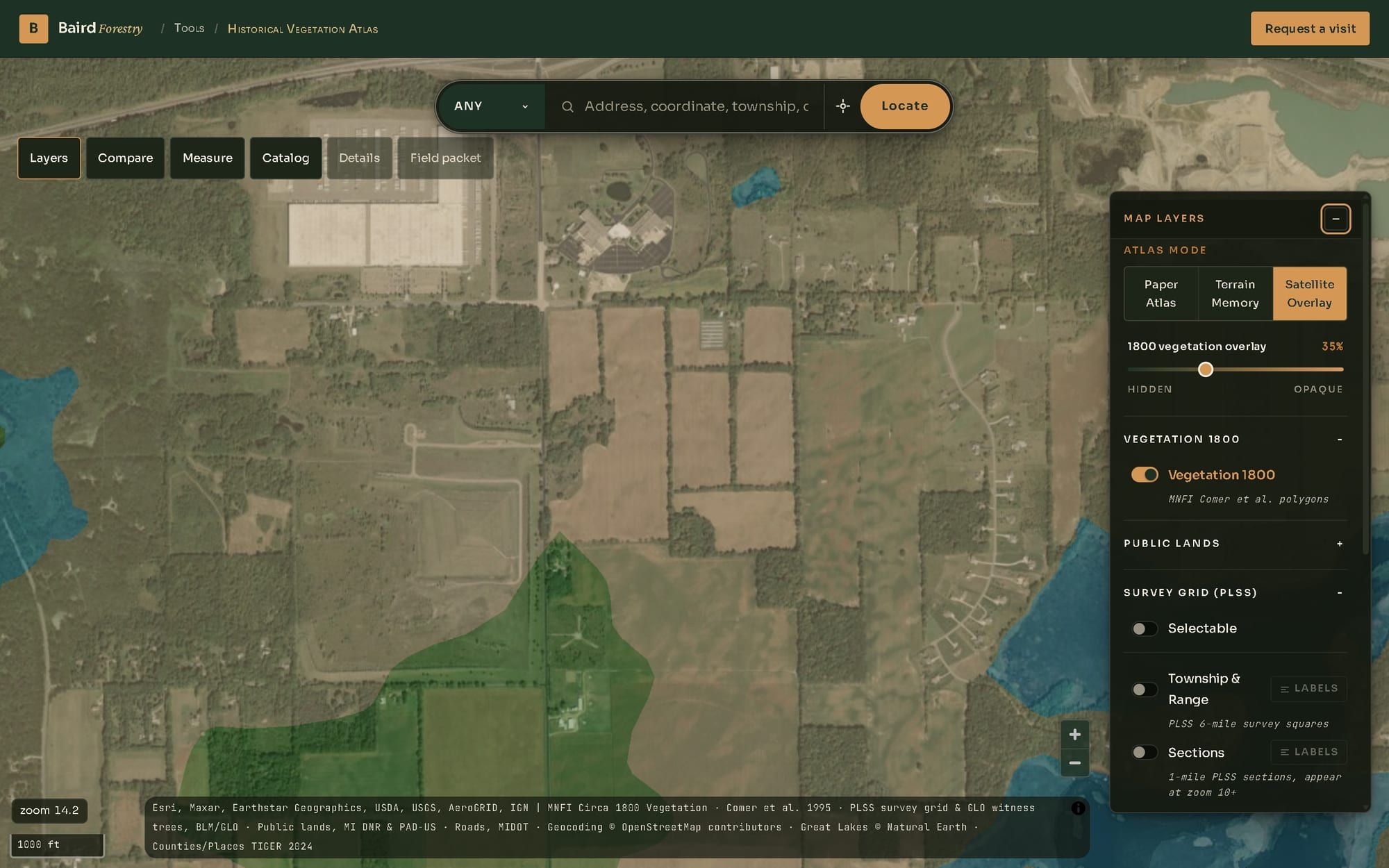 Satellite Overlay mode with the 1800 vegetation layer at 35 percent over modern imagery, and the Map layers panel open showing the atlas modes, the opacity slider and the survey grid switches