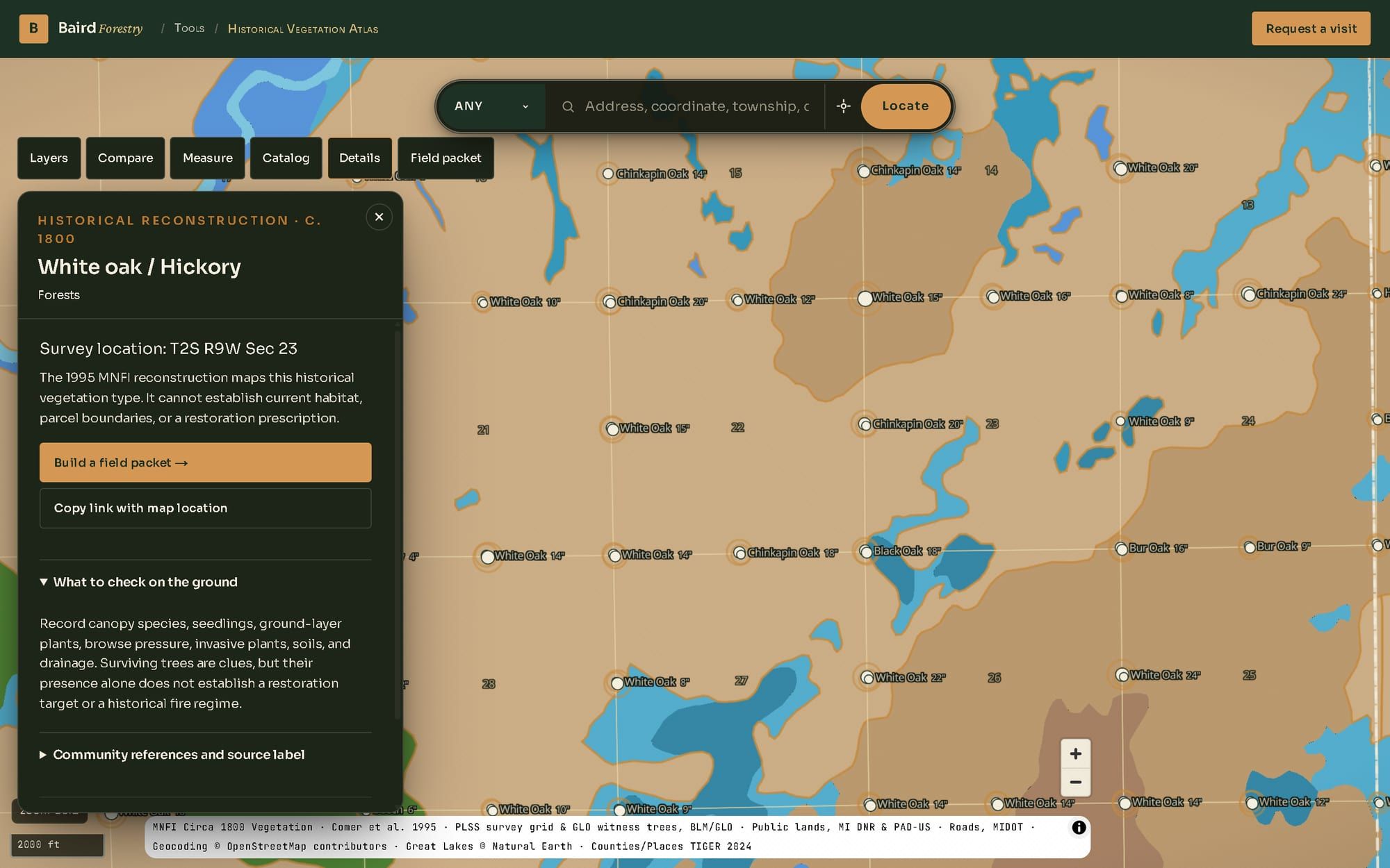 The details card for White oak and Hickory, showing the survey location T2S R9W Sec 23, over a map of section corners labeled with witness trees