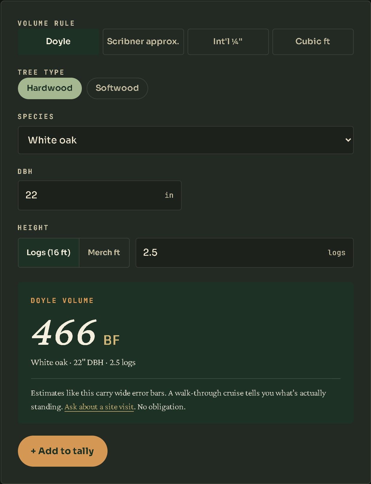 The calculator's input card with the Doyle rule, Hardwood and White oak selected, 22 inches DBH and 2.5 logs entered, showing 466 board feet and an Add to tally button