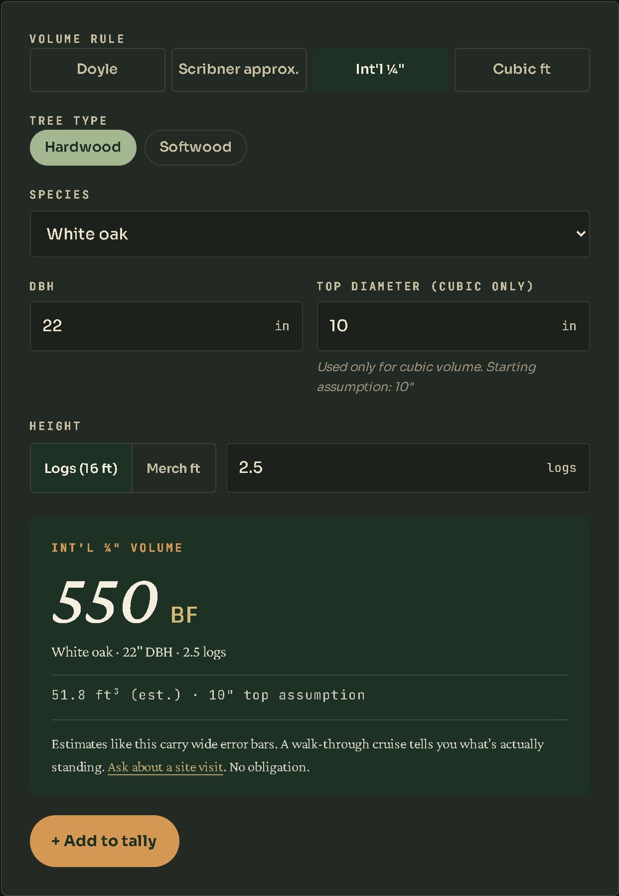 The calculator in Pro mode with the International quarter-inch rule selected for the same white oak, showing 550 board feet and a secondary line reading 51.8 cubic feet with a 10-inch top assumption